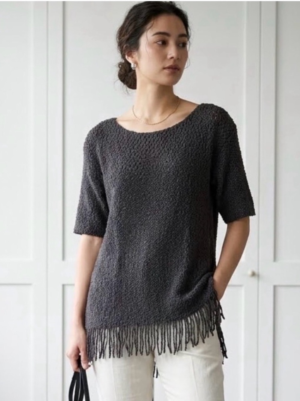 Lemon Charcoal Gray Open Knit Sweater
